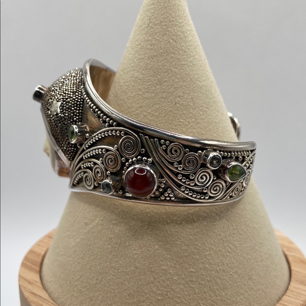 Novica Handmade 925 Carnelian Peridot Blue Topaz Moon Queen Cuff Bracelet - Picture 2 of 8
